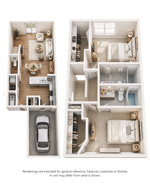 Floor plan for 2 beds, 2.5 baths, 1225 sqft